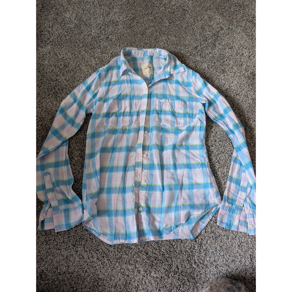 Hollister Womens Blue‎ Pink Plaid Long Sleeve Button Down Shirt Y2K Small